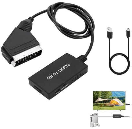 Convertitore Scart to HDMI, Adattatore Scart a HDMI Full HD 720P / 1080P, Con Cavo HDMI Incluso, Supporto per PS2, PS3, Xbox, STB, VHS, Lettori DVD e Altri Dispositivi con Uscita SCART