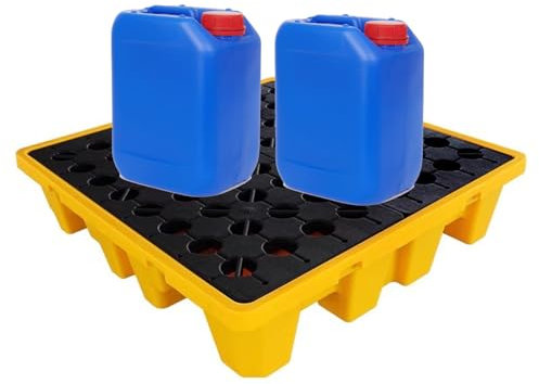 Paleta modular de contención de derrames con acceso a carretilla elevadora, bandeja de derrames amarilla y negra, gran capacidad de sumidero, rejillas desmontables (28.3 x 28.3 x 6.1 pulgadas)