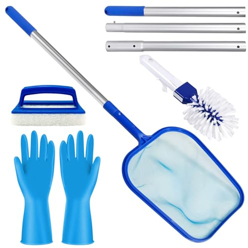 Herfair Pool Reinigungsset 4 Stück, Poolkescher mit Teleskopstange, Poolbürste, Putzschwamm, Gummihandschuhe, Pool Zubehör Reinigung für Schwimmbad, Aquarium