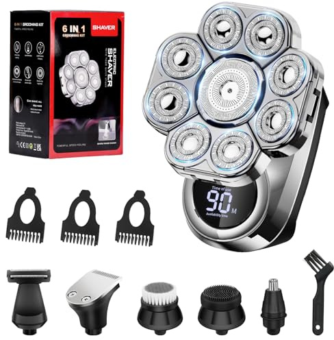 Wandefol umido e asciutto con display a led 9D rasoi, Rasoio a Testa Impermeabile Ipx7, 6 in 1 Rasoio Testa calva, Testa flottante indipendente 9D, Kit per la toelettatura，per una rasatura rapida