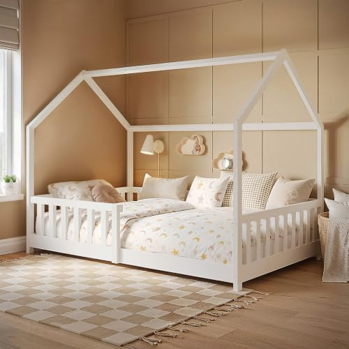 Flair Furnishings - Small Double Explorer Playhouse Kids Floor Bed (White) | Heavy Duty Pine Wood, Imaginative and Playful Design with Pitched Roof and Cut-Out Windows, Cosy & Stylish