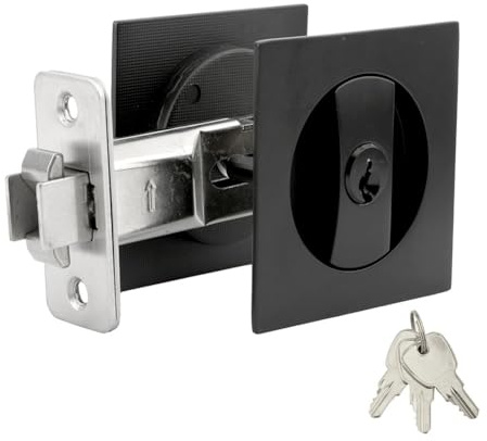 FUANA Serratura per porta scorrevole quadrata nera da incasso con doppia serratura laterale per porte interne