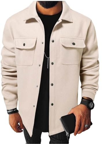 Générique Veste Homme Hiver Chaud Boutons sans Capuche Surchemise Polaire Col Inversé Vestes Décontractée Chic Blouson Automne Légère et Résistante Manches Longues Multipoches Jacket Beige XXL