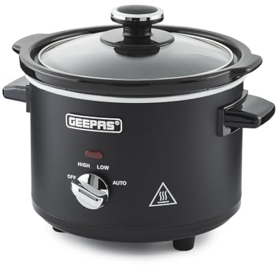 Geepas 1.5 Litre Slow Cooker | 3 Temperature Settings, Removable Easy-Clean Ceramic Bowl | Tempered Glass Lid & Cool Touch Handles, Matt Design | Black (Renewed)