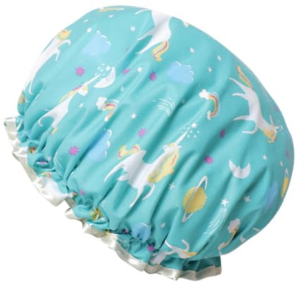 COLLBATH Cartoon Badehut Duschhaube Doppellagig Olivgrün Damen Haarhaube Für Duschen Küche Spa Mit Einhorn Motiv