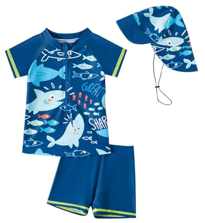 WYTbaby Costume da bagno per neonato, due pezzi, Uv Vestiti per bambini a maniche corte Uv Abbigliamento protettivo per bambino con cappello da sole, Blu mare, 12-18 Mesi