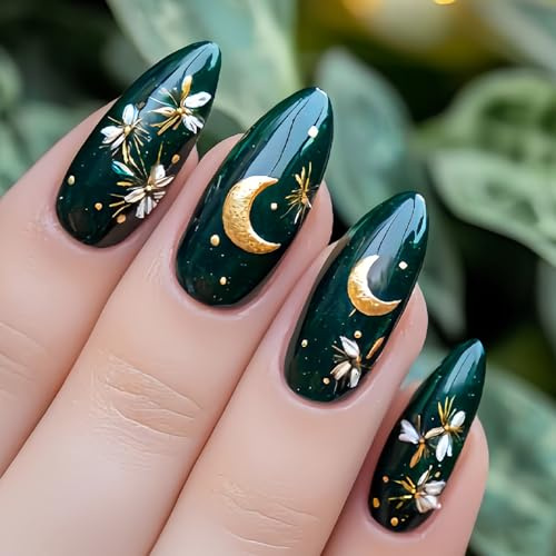 24PCS Short Press on Nails - Almond False Nails French Tip - Green Stick on nails with Gold Moon Pattern and Flower - Strong Fake Nails with Glue - Almond Nail Tips Elegant for Women Long Lasting