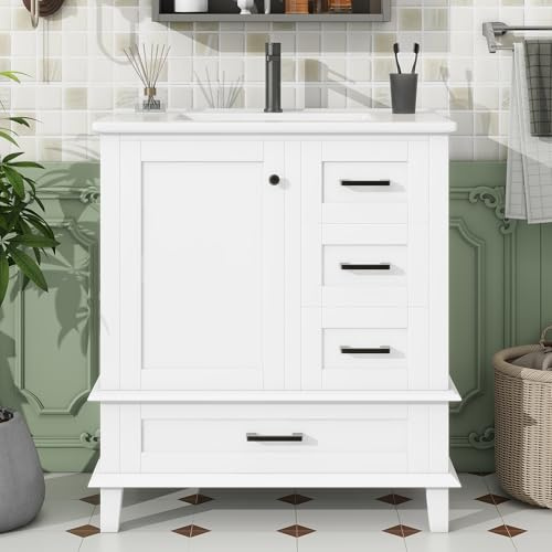 Waschtisch mit Waschbecken 76 cm Weiß Badmöbel Set Stehend Badezimmerschrank mit Keramik Unterschrank 3 Schubladen Softclose Volllackiert Massivholz Beine Modernes Design