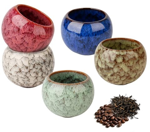FRUHLING Juego de 5 tazas de espresso de pared gruesa 160ML de cerámica, tazas de té, tazas de café sin asa, tazas de moca, tazas de capuchino, regalos para mujeres, hombres, mejor amiga, pareja