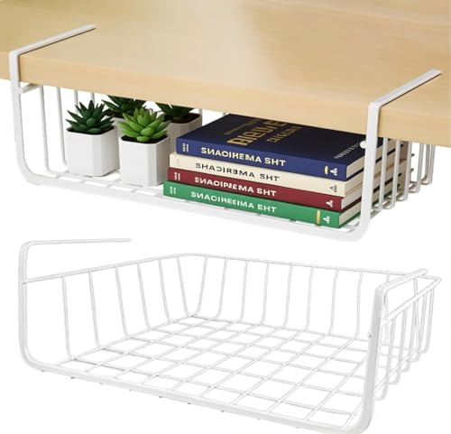 UQMIQURA Unterregal Aufbewahrungskorb, 2 Stück Hängekorb Metall Aufbewahrungskorb, hängekorb Regal Unter Schrank Hängekorb Metall Korb-Organizer Regaleinhängekorb für Küche, Bücherregal - Weiß