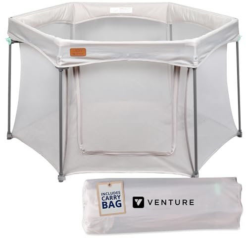 Parc pour bébé pliable Venture All Stars Joy primé – Grand parc portable avec mesh respirant et tapis, installation facile, sac de transport inclus – Argent (6-36 mois)