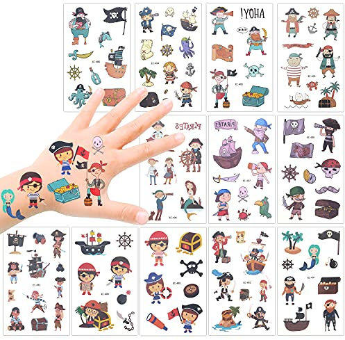 Konsait Piraten Temporäre Tattoos Set, Kindertattoos Jungs Tattoo Aufkleber für Kinder Party Mitgebsel Kindergeburtstag Geschenktüten Kinder Spielen Piraten Party Zubehör, 12 Blätter
