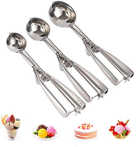 Cookie Scoop Set, 3 PCS Ice Cream Scoop with Trigger, 18/8 Stainless Steel for Baking Include Large-Medium-Small Size Perfect for Cookie, Ice Cream, Cupcake, Muffin, Meatball