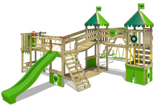 FATMOOSE Spielturm Ritterburg FunnyFortress Free XXL mit SurfSwing, Schaukel & apfelgrüner Rutsche, Outdoor Kinder Kletterturm mit Sandkasten Leiter & Spiel-Zubehör für den Garten