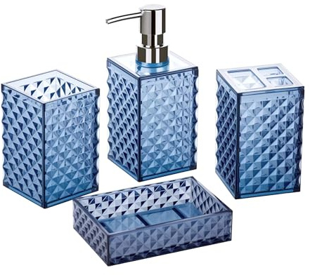 A+KCEYON Lot de 4 Accessoires de Salle de Bain Bleu Marine avec Porte-Brosse à Dents, Distributeur de Savon, Porte-Savon, gobelet, Motif Diamant