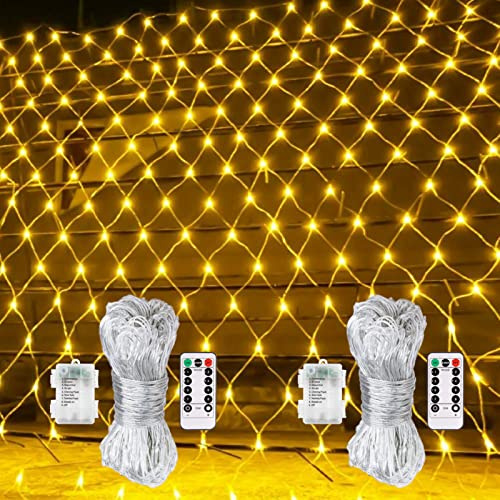[Paquete de 2] Luces de red de Navidad con batería, blanco cálido 1,5 m x 1,5 m 100 luces LED con luces de malla remotas para exteriores para árbol de Navidad, arbustos, decoración de jardín