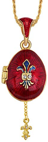 Générique Pendentif Oeuf Style Fabergé Rouge Fleur de Lys avec Cristaux et sa chaîne