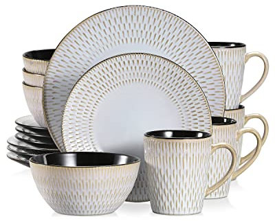 vancasso, Série PLUVO. Service de Table Complet Moderne pour 4 Personnes, 16 Pièces de Vaisselle en Grès Glaçure Ceramique, Motif en Relief avec Gouttes de Pluie Linéaire