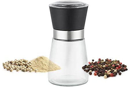 Macinacaffè sale, pepe e altre spezie Corpo in vetro, testa in elegante plastica colorata, cuscinetti ceramici (NERO)