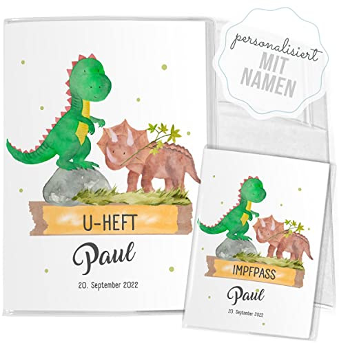 Mikalino Hülle für U-Heft und Impfpass personalisiert Niedliche Dinosaurier Untersuchungsheft SET Impfpasshülle & Schutzhülle, Grösse:U-Heft Set 3-teilig personalisiert, Farbe:7039_Dinosaurier