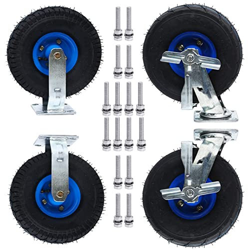 WORDFUN 8 Zoll 10 Zoll Luftreifen Rollen, Schwerlast Industriell Rad, 2 Bockrolle + 2 Leise Gummirollen Mit Bremse, Möbelrollen Mit Edelstahlschrauben, Gewindedurchmesser: 10mm Länge 50mm