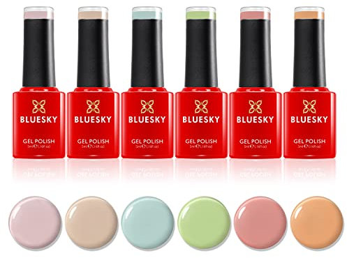 Bluesky Gel Nail Polish Set - Spring 2023, 6 x 5 ml Gel Nail Polishes, Pink, Blue, Nude, Green, Pastel, Purple, Coral (Requires Curing Under UV/LED Lamp)