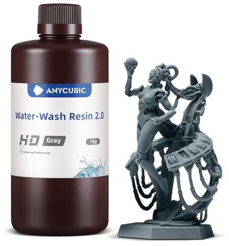 ANYCUBIC Water Washable 3D Printer Resin 2.0 with Easy Post-Processing, High Precision and High Resilience, Low Odor and Anti-Yellowing 3D Resin for LCD/DLP Printers(HD Gray,1kg)