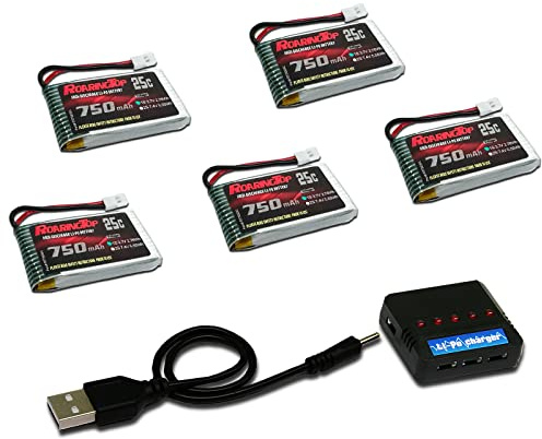 ROARINGTOP 3.7V Lipo Akku 750mAh 25C 5 Pack Lipo Akkus mit Molex Stecker 5 in 1 Ladegerät für Syma X5 X5A X5SW X5C X5C1 RC Quadcopter Drohne Ersatzteile