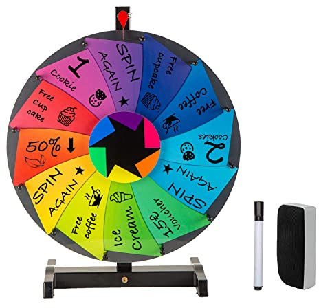 Glücksrad zum Drehen 48cm Groß - Gluecksrad Spiel mit 18 Drehrad & Stativ | Glücksrad Zum Selbstgestalten mit Editierbaren Feldern | Das Set Enthält Einen Whiteboard Radierer + Markierungsstift