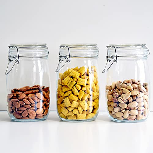 JJA Airtight Glass Jar Round Clip Top Food Kitchen Storage Preserve Clear Glass Jars, Spice Jars with Silicone Seal 1000ml Capacity -3 Pack