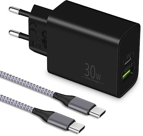 MatauMahi 30W USB C Ladegerät mit 2m Typ C Ladekabel, 2-Port Netzteil/Stecker und Kabel, Schnellladegerät/Adapter mit PD, Kompatibel mit iPhone 16 15 Pro Max/Plus/Samsung S24/S23 Google Pixel 9 8 7 6