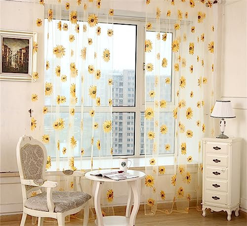 KEKUYA Voile Gardinen Vorhang halbtransparent 2er Set Vorhänge aus Gaze Stoff mit Ösen Atmungsaktiv Luftig Dekoschal für Wohnzimmer Schlafzimmer Kinderzimmer- Gelbe Sonnenblume(B168 x H183cm)