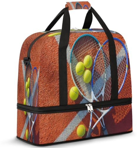 Tennisball Sport Reise Duffle Bag für Damen Herren Wochenende Übernachtung Taschen Faltbar Nass Getrennt 47L Tragetasche für Sport Gym Yoga, farbe, 47L, Taschen-Organizer