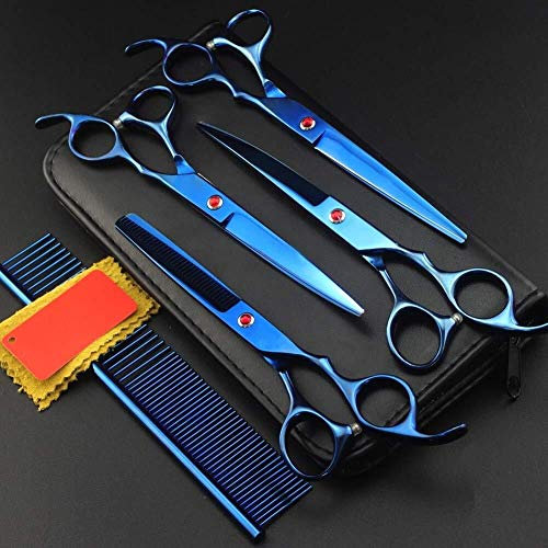 Hundepflegeschere, Haustierpflegeschere, 7 Zoll, professionelles Haustierpflegescheren-Set für Hundescheren, Haarschneiden, Effilierschere, gebogene Schere (Farbe: Gold, Größe: 7-Zoll-Set) (Blau 7-Z