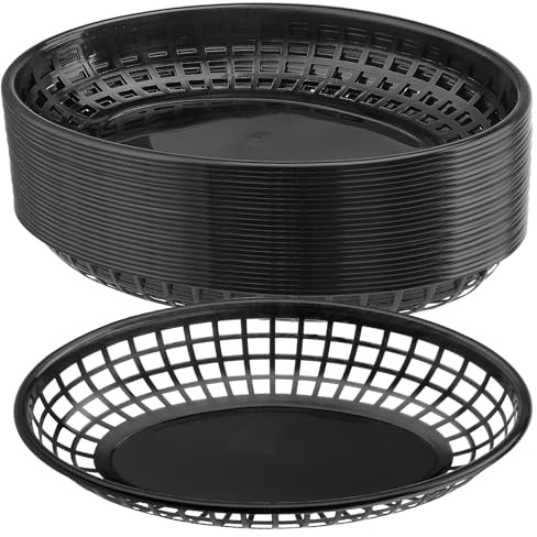 JOIKIT 60 PCS 23 x14.5 x 4cm Black Fast Food Serving Baskets, Plastic Oval Fast Food Basket, Plastic Chip Baskets for Sandwiches, Burgers
