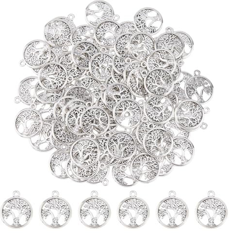 DICOSMETIC 120 ciondoli in metallo con albero della vita, in lega tibetana, in argento antico, per la famiglia, in filigrana, per la creazione di gioielli, foro: 1,6 mm