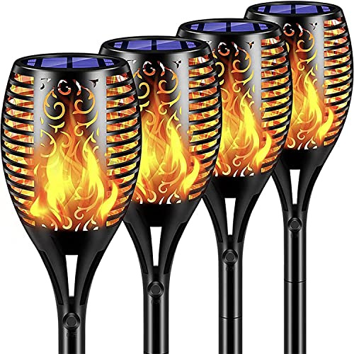 Zjyufy 4 Pack Garden Solar Lights, Pathway Solar Flickering Dancing Flame Lighting Waterproof Dusk to Dawn Auto On/Off Stake Torch Lights for Outdoor Garden Patio Pathways Lawn Yard Decoration