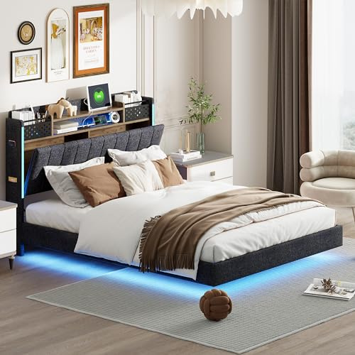 Doppelbett 140x200, LED Polsterbett Stauraumbett Funktionsbett Schwebebett mit USB-Steckdose und Stauraum, Multifunktionales Kopfteil Bett Bettgestell Jugendbett, Leinenstoff, Ohne Matratze, Grau