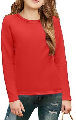 Arshiner Camiseta de Manga Larga para Niñas Tops con Cuello Redondo Monocolor Top de Moda Otoño Invierno Camisetas Sudadera Térmica para Niños Jersey Rojo Chalecos Navideños 10-11 Años