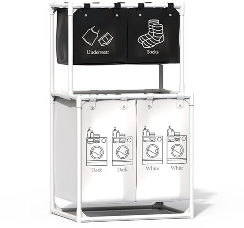 Meoky Wäschesortiermaschine Wäschekorb, Wäschekorb mit großer Kapazität Korb Organizer abnehmbare Tasche zur Aufbewahrung von Kleidung,Weiß