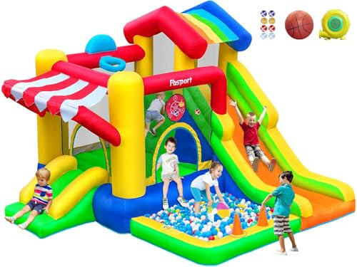 FBSPORT Castello Gonfiabile per Bambini con Doppio Scivolo, Trampolino, Piscina di Palline, Tiro della Palla, Lancio dell'anello, Parete da Arrampicata e Canestro da Basket, 322×305×208 cm