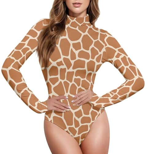 Mnsruu Women Long Sleeve Turtleneck Leotard Stretchy Bodysuit Tops Jumpsuits Brown Giraffe Pattern M