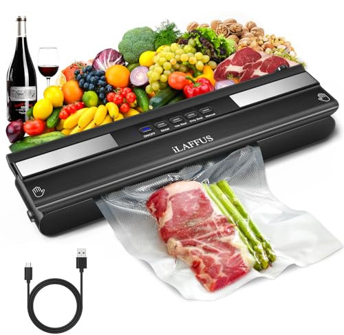 iLAFFUS Vacuum Sealer, Cordless Vacuum Sealer Machine Strong Suction 5 Modes for Dry & Moist Foods Built-in Cutter Vacuum Food Sealer for Keep Meat Vegetables Snacks Fruits Grains Fresh