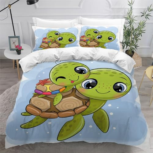 Bettwäsche 135x200 Süße Schildkröte Bettwäsche-Sets 3 Teilig 3D Kawaii Tiere Bettbezug Weich Mikrofaser Bettbezüge mit Reißverschluss und Kissenbezug 80x80cm für Erwachsene Kinder