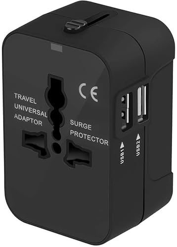 Adattatore da viaggio universale con due porte USB, ideale per Giappone, Cina, Canada, USA, UE, UK e AU. Compatibile con 15 paesi, perfetto per Natale. Colore: nero.