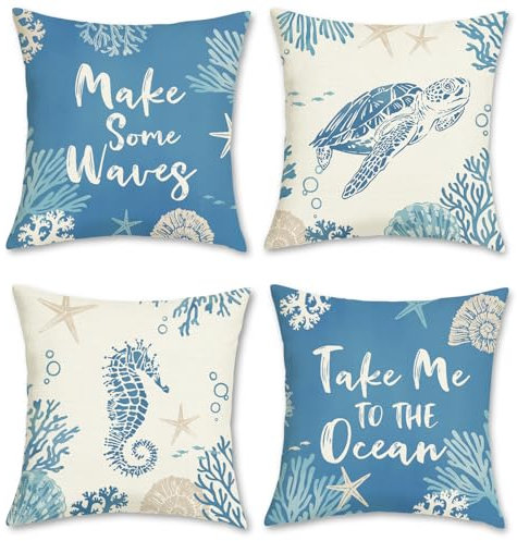 Bonhause Summer Coastal Cushion Covers 45 x 45 cm Sea Turtle Seahorse Blue Ocean Polyester Linen Decorative Throw Pillow Covers for Sofa Couch Bed Home Outdoor Decor Set of 4