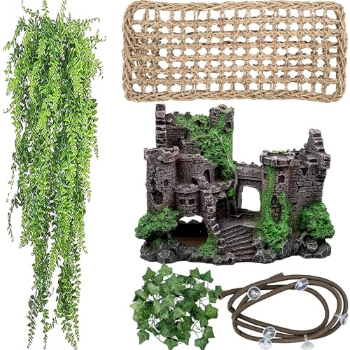 YFNVH 5 STK Reptilien-Dekor Terrarium-Zubehör Set für Bartagamen – Seegras-Hängematte, Kunststoff-Burg, Kletterlianen mit Saugnäpfen für Echsen, Geckos, Chamäleons, Spinnen & Schlangen