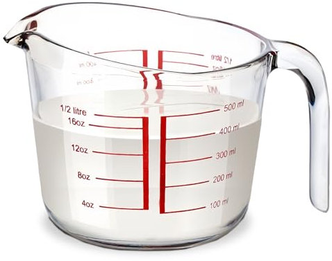 WANDGU Verre doseur de 500 ml : verre borosilicate, gobelet doseur avec graduations, résistant à la chaleur, double graduation pour ingrédients liquides/solides, verre doseur de laboratoire