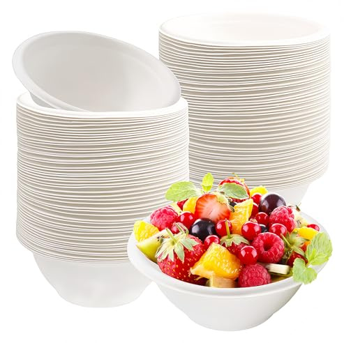 Coztie 100 Pack Strong Paper Bowls, 260ml/8.79 OZ Biodegradable Sugarcane Bagasse Bowls, Compostable Soup Bowls, Paper Eco-Friendly for Soup & Dessert, Hot & Cold Food White