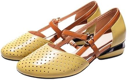 Mary Jane Zapatos de mujer con tacón, anchos en H, zapatos de tacón bajo, zapatos de piel, elegantes y cómodos, zapatos de baile, zapatos de honda, zapatos anchos, tacón de bloque, amarillo, 38